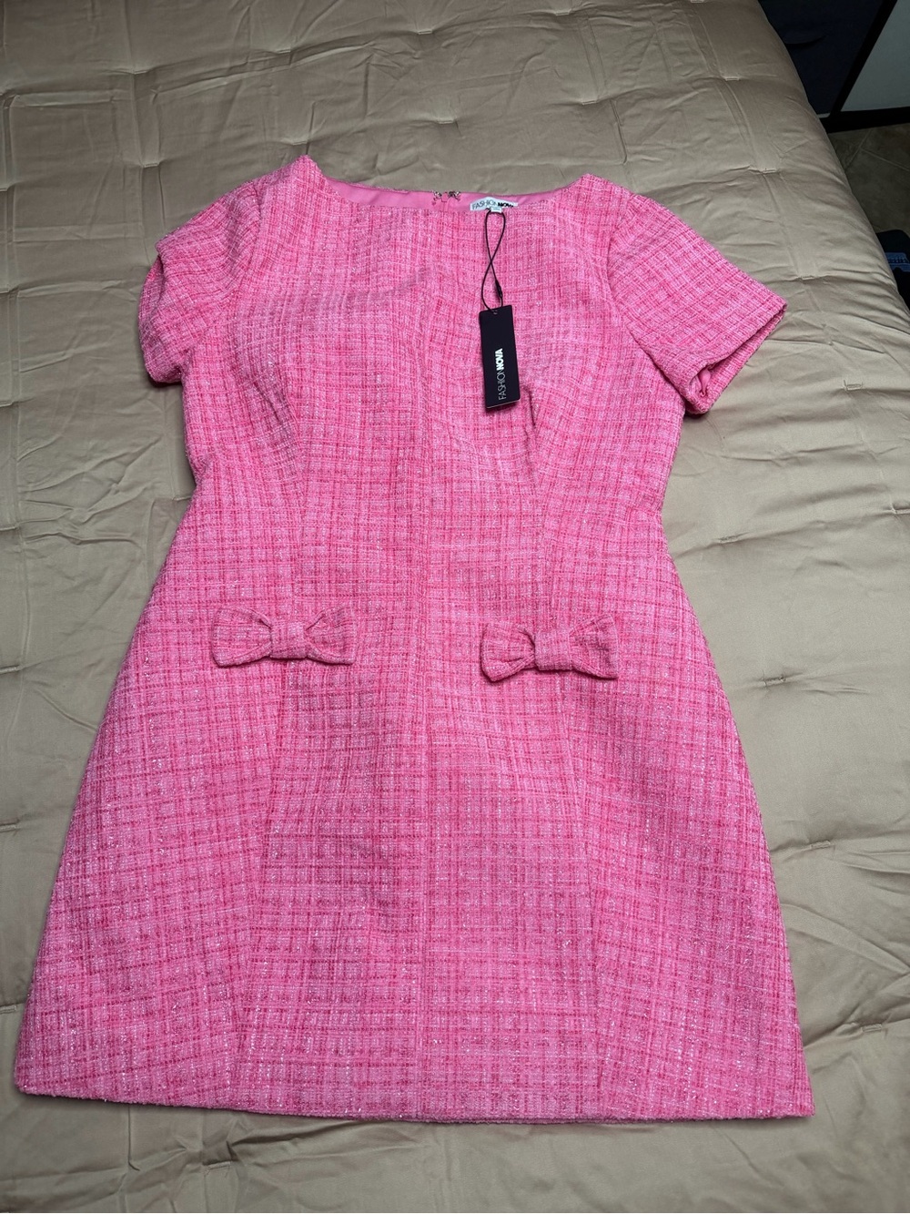 Fashion Nova Pink Tweed Mini Dress with Bow Accents